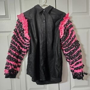 ORMA Black Mens Button Up Shirt with Pink Ruffled Sleeves, Medium, Linen Fabric